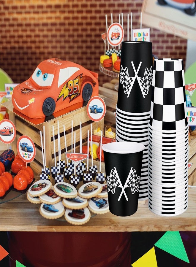 Whaline 50Pcs Checkered Racing Paper Cups 9 oz White Black Checkered Flag Disposable Cups Decorative Party Cups for Racecar Themed Birthday Party - Image 5